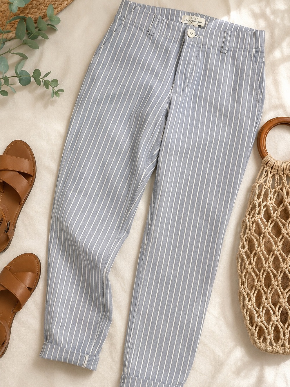 H&M L.O.G.G. blue and white striped ankle pants